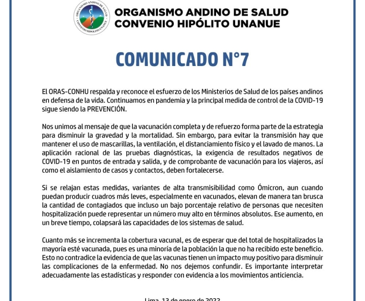 Comunicado N° 7 del ORAS - CONHU frente al crecimiento de la variante ÓMICRON